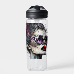 Bouteille D'eau Jolie femme avec lunettes de soleil et rouge à lèv