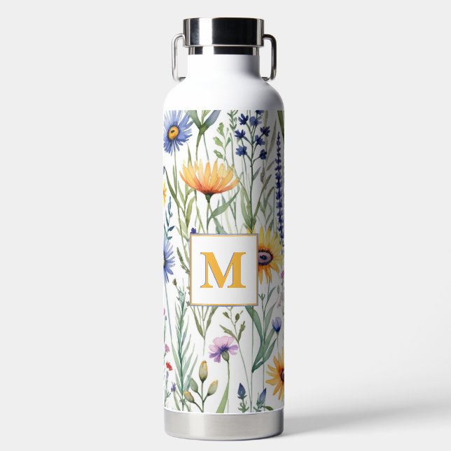 Bouteille D'eau Jolies Fleurs Sauvages Aquarelles Monogramme Flora (Avant)