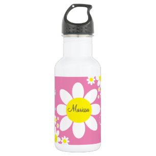 Bouteille D'eau Jolies Marguerites Roses et Blanches Nom Personnal