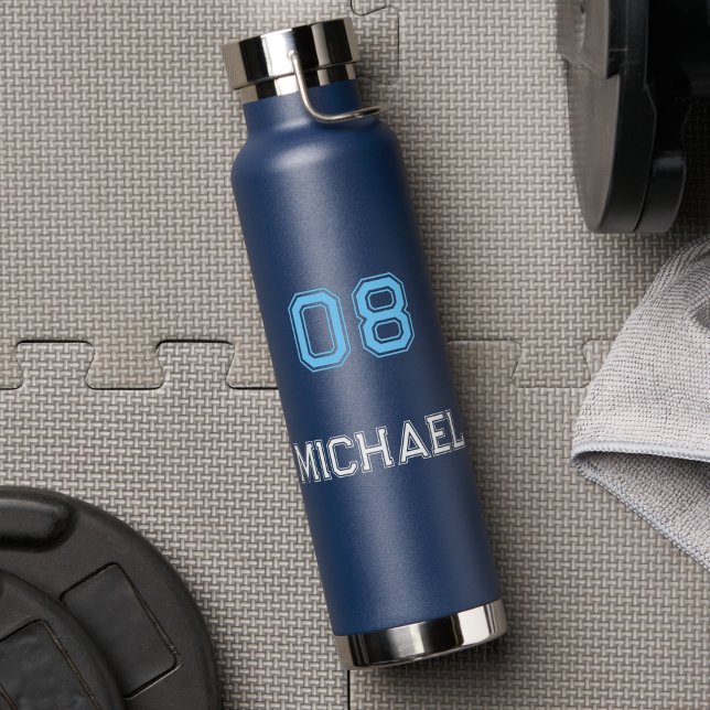 Bouteille D'eau Joueur bleu moderne Nom Jersey Numéro Sports (Modern Blue White Player Name Jersey Number Sports Water Bottle)