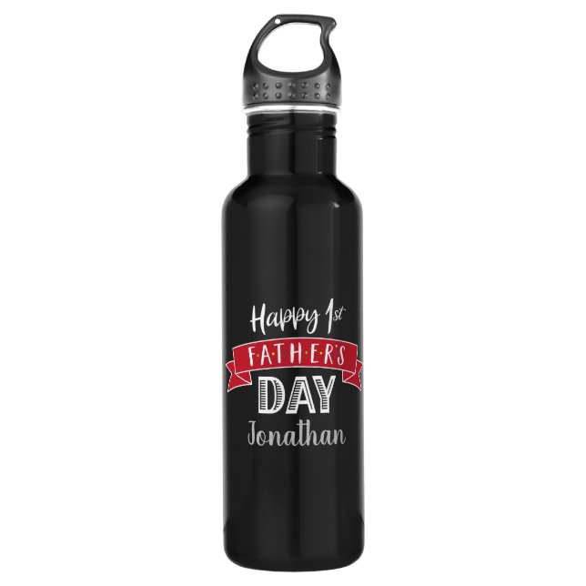 Bouteille D'eau Joyeux 1er Fête du Père Bannière rouge Nom noir Co (Devant)