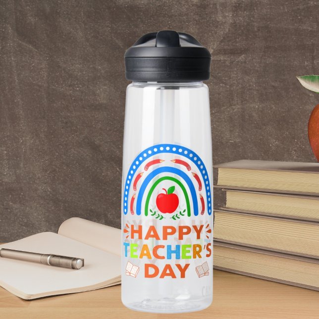 Bouteille D'eau Joyeux Jour des enseignants Arc en ciel et Apple (Happy Teachers Day Rainbow & Apple Water Bottle)