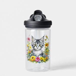 Bouteille D'eau Kitten aquarelle dans des fleurs jaunes Personnali