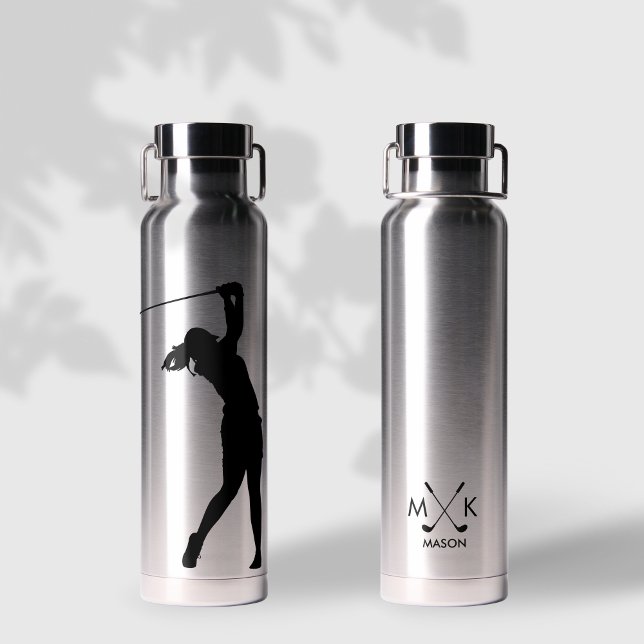 Bouteille D'eau Lady Silver Avec Noir Monogramme De Golfeur Modern (Créateur téléchargé)