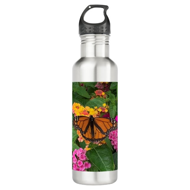 Bouteille D'eau Lantana florale rose jaune vert avec papillon (Devant)