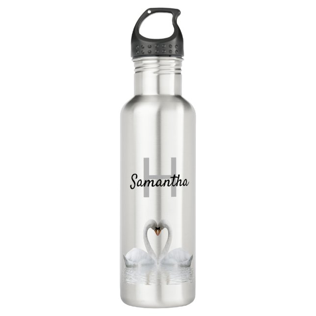 Bouteille D'eau Les cygnes blancs aiment le nom monogramme (Devant)