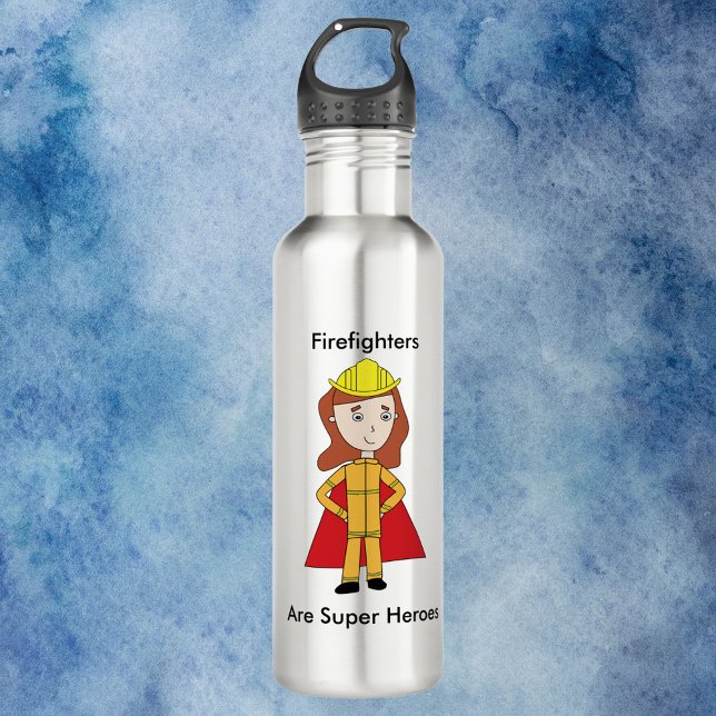 Bouteille D'eau Les pompiers sont de super héros Female Funny (A water bottle featuring a woman firefighter and the text, "Firefighters Are Super Heroes".)