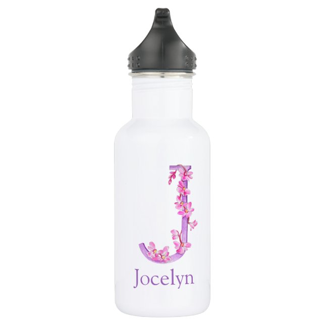 Bouteille D'eau Lettre monogramme J nom orchidée violet rose (Droite)