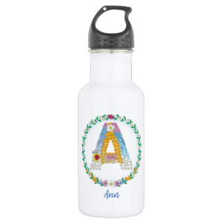Bouteille D'eau Lettres de fleurs Initiale "A" avec nom personnali