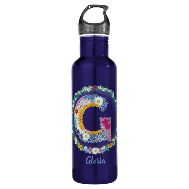 Bouteille D'eau Lettres de fleurs Initiale "G" avec nom personnali (Devant)