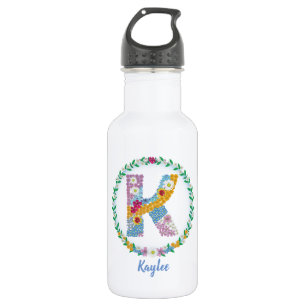 Bouteille D'eau Lettres de fleurs Initiale "K" avec nom personnali
