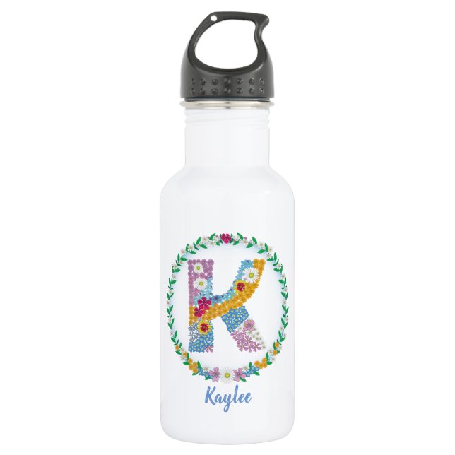 Bouteille D'eau Lettres de fleurs Initiale "K" avec nom personnali (Devant)