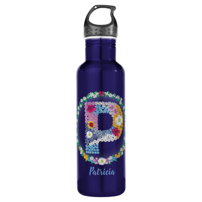 Bouteille D'eau Lettres de fleurs Initiale "P" avec nom personnali (Devant)