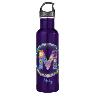 Bouteille D'eau Lettres de fleurs "M" initiales avec nom personnal