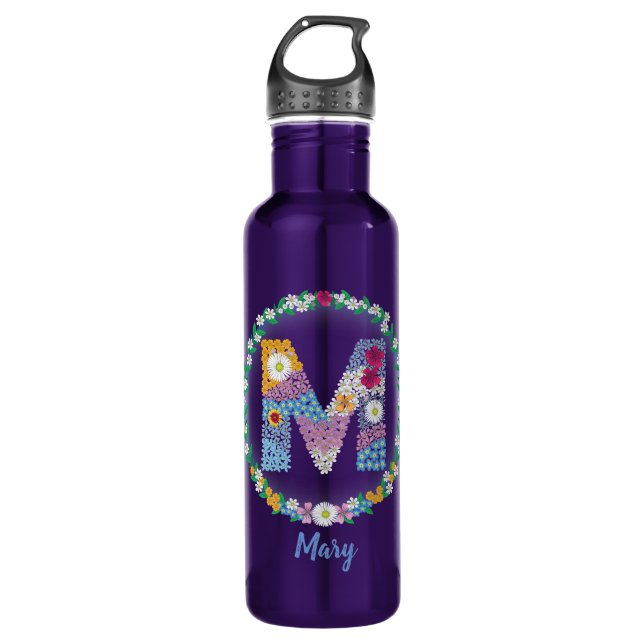 Bouteille D'eau Lettres de fleurs "M" initiales avec nom personnal (Devant)