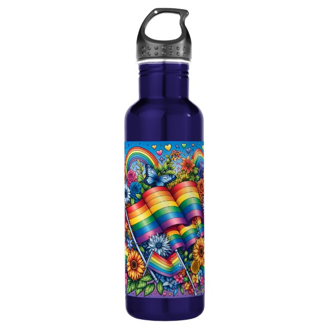 Bouteille D'eau LGBTQIA+ Drapeaux de fierté, Arcs-en-ciel, Fleurs (Devant)