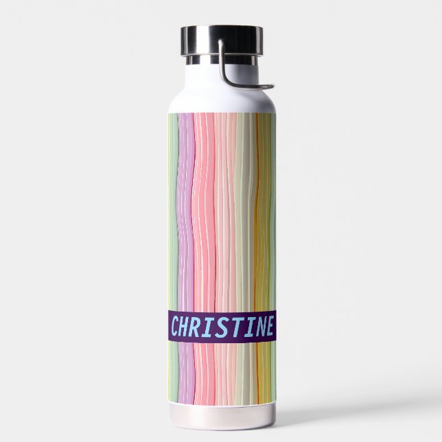 Bouteille D'eau Lignes ondulées larges en couleurs girly avec nom (Gauche)