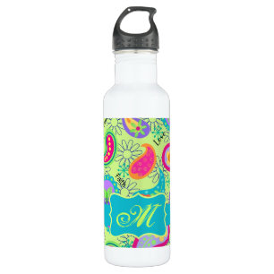 Bouteille D'eau Lime Vert Turquoise Moderne Paisley Monogramme