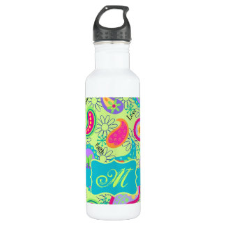 Bouteille D'eau Lime Vert Turquoise Moderne Paisley Monogramme