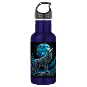 Bouteille D'eau Loup solitaire et Pleine lune noir et bleu