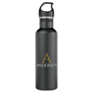 Bouteille D'eau Magnifique Noir Moderne Monogramme Or Initial