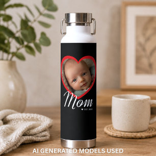 Bouteille D'eau Maman a établi un script Cœur rouge Photo Noir