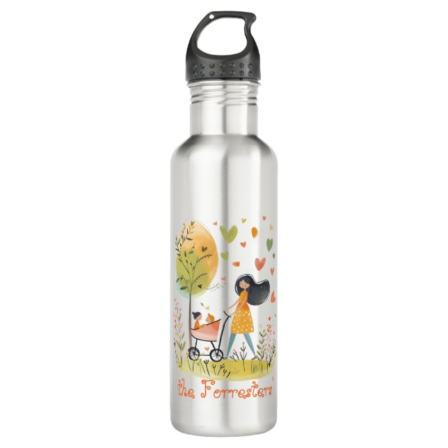 Bouteille D'eau Maman et les jumeaux à la poussette (Devant)