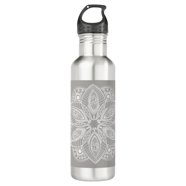 Bouteille D'eau Mandala blanc exotique sur Arrière - plan gris (Devant)