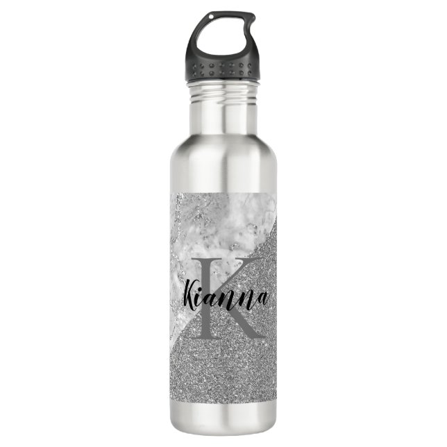 Bouteille D'eau Marbre argenté Parties scintillant argent Monogram (Devant)