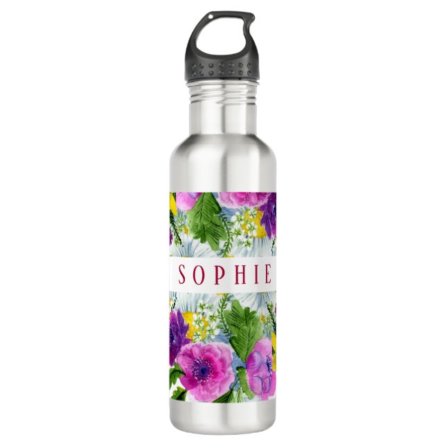 Bouteille D'eau Mariage Floral rose Bourgogne (Devant)