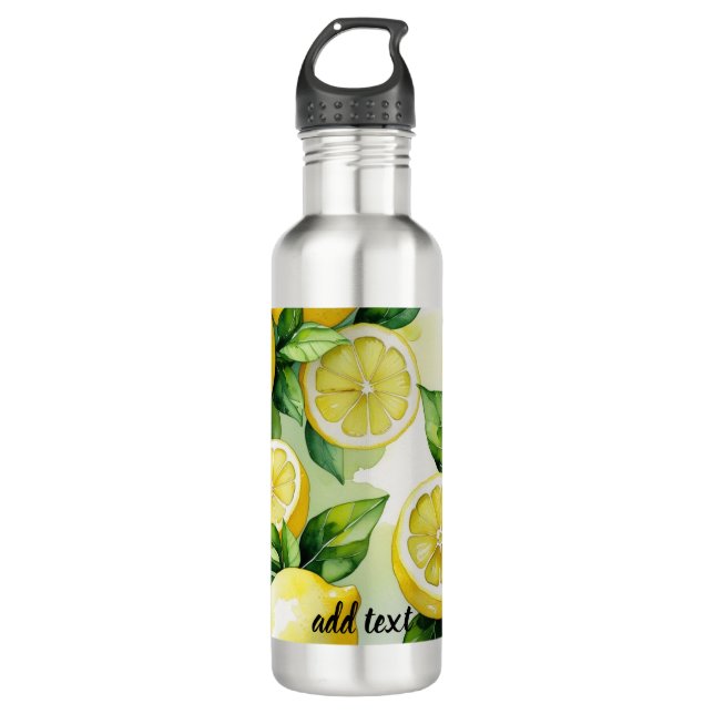 Bouteille D'eau Mariage moderne citron bleu floral script (Devant)