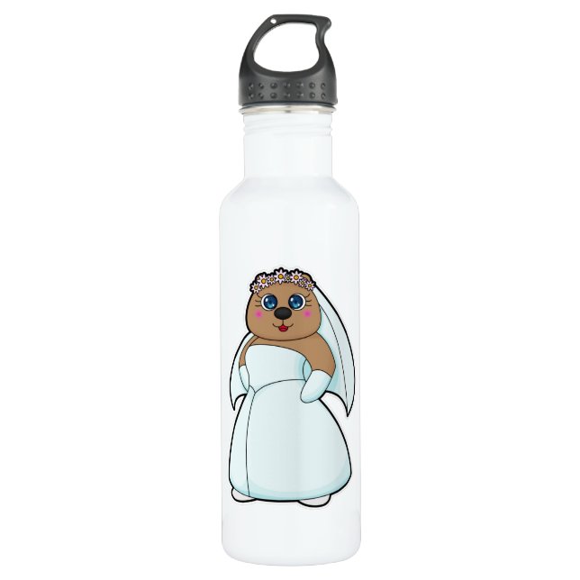 Bouteille D'eau Mariée ours avec couronne de fleurs (Devant)