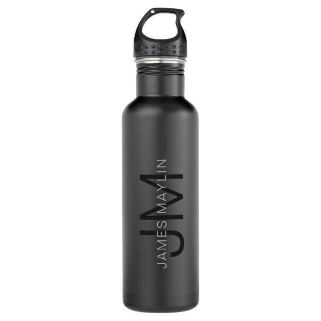 Bouteille D'eau Masculine élégant gris foncé Nom et monogramme (Devant)