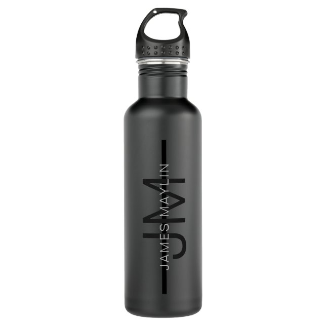 Bouteille D'eau Masculine élégant gris foncé Nom et monogramme (Devant)