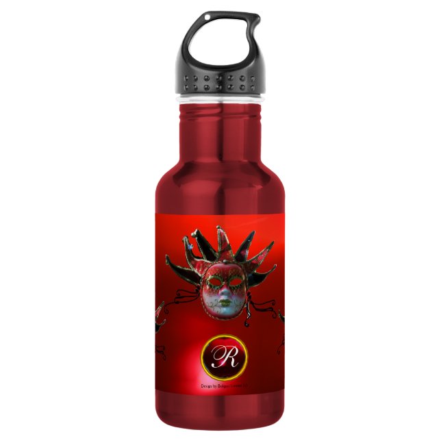 Bouteille D'eau MASQUE JESTER ROUGE NOIR, Monogramme de fête Masqu (Devant)