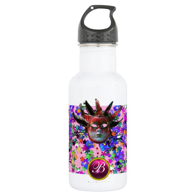 Bouteille D'eau MASQUE JESTER ROUGE NOIR, Monogramme de fête Masqu (Devant)
