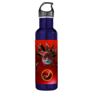 Bouteille D'eau MASQUE JESTER ROUGE NOIR, Monogramme de fête Masqu