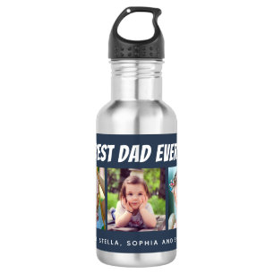 Bouteille D'eau Meilleur papa jamais Trois photos bleu foncé