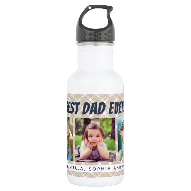 Bouteille D'eau Meilleur papa jamais | Trois Photos Tan Plaid (Devant)