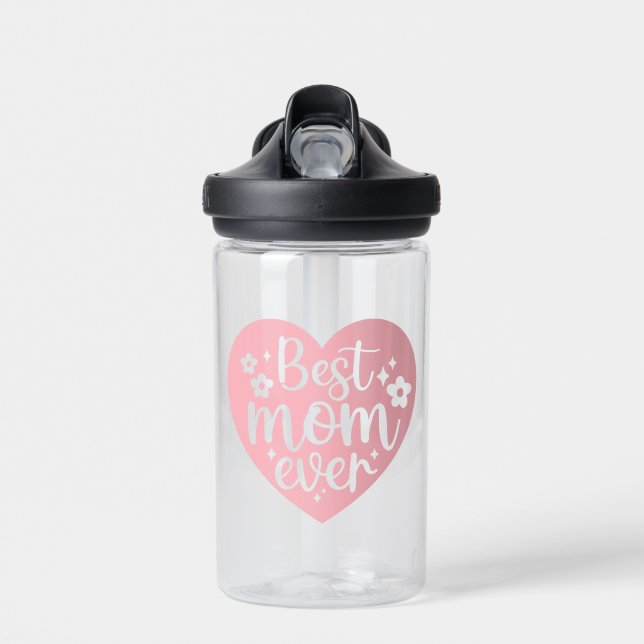 Bouteille D'eau Meilleure Maman Jamais Coeur Rose Avec Fleurs (Avant)