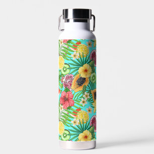 Bouteille D'eau Mix-fruit tropical, fleurs et feuilles en bleu