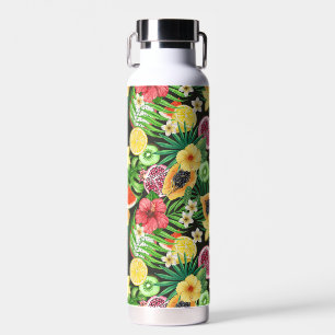 Bouteille D'eau Mix-fruits tropicaux, fleurs et feuilles en noir