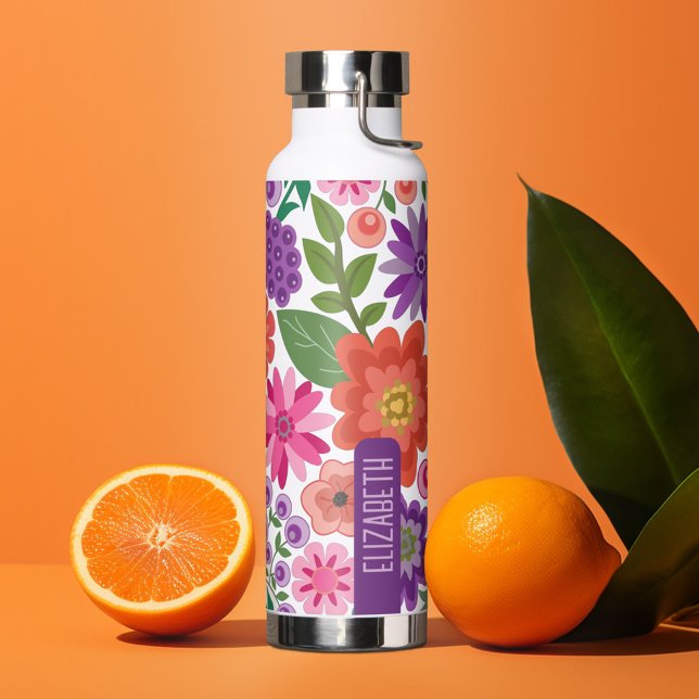 Bouteille D'eau Modèle floral Art plat tendance avec bloc de nom (Personalized water bottle with custom text - funky flowers)