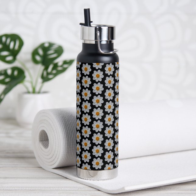 Bouteille D'eau Modèle floral dahlia blanc sur noir (Yoga)