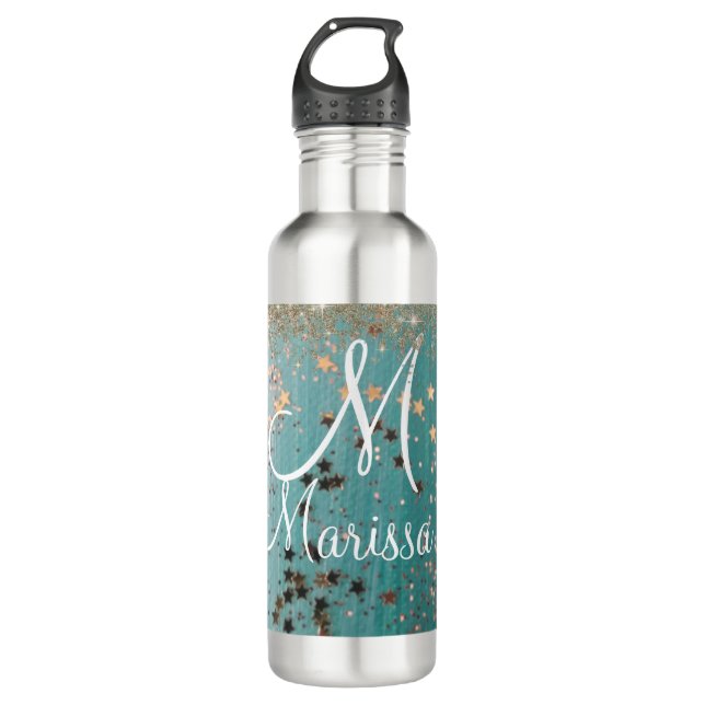 Bouteille D'eau Monogram Gold Stars sur Turquoise Stainless St (Devant)