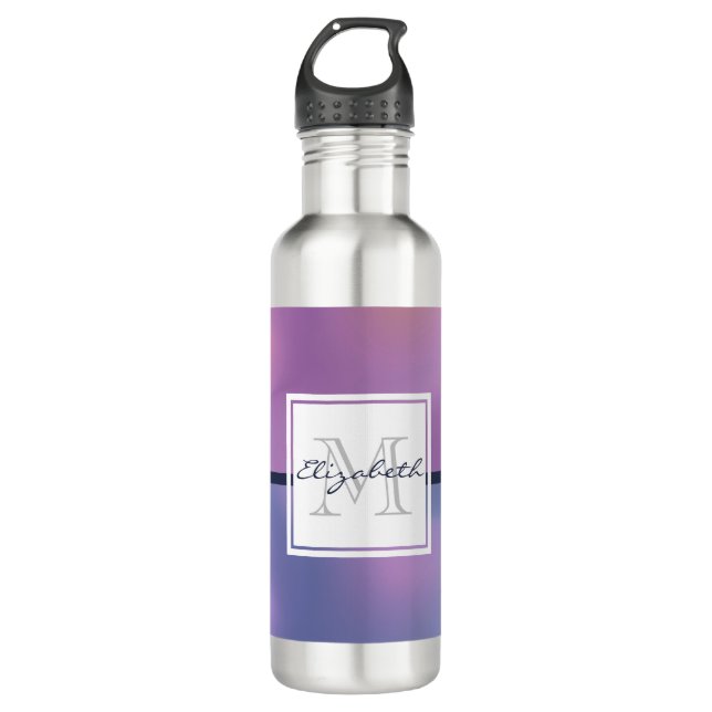 Bouteille D'eau Monogramme Abstrait moderne violet et rose (Devant)