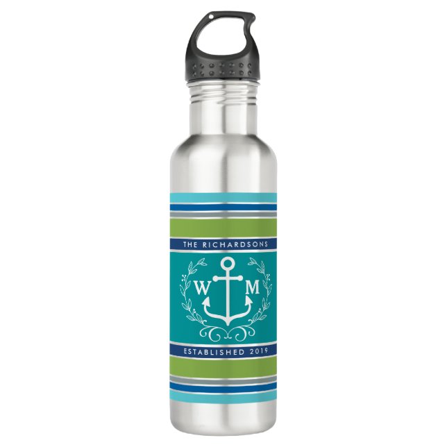 Bouteille D'eau Monogramme Ancre Laurel Wreath Stripes Aqua (Devant)