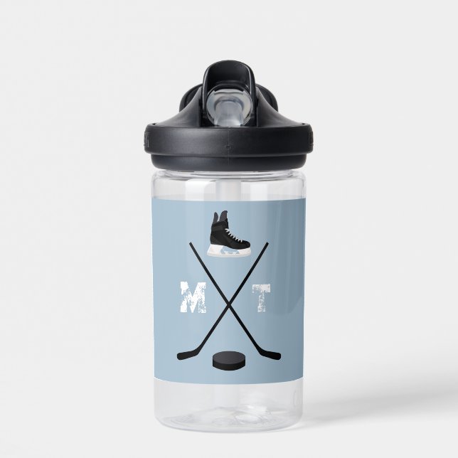 Bouteille D'eau Monogramme classique de hockey sur glace bleu pous (Avant)