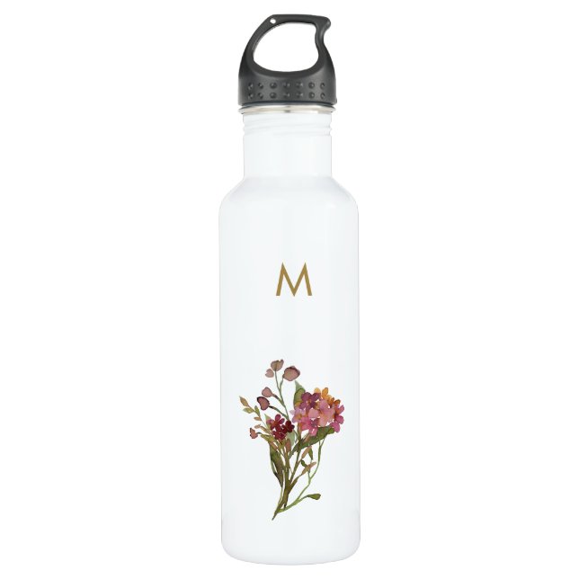 Bouteille D'eau Monogramme d'aquarelle florale rose-bourgogne mode (Devant)