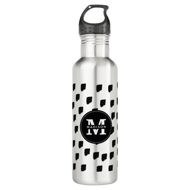 Bouteille D'eau Monogramme de brosse noir et blanc (Devant)